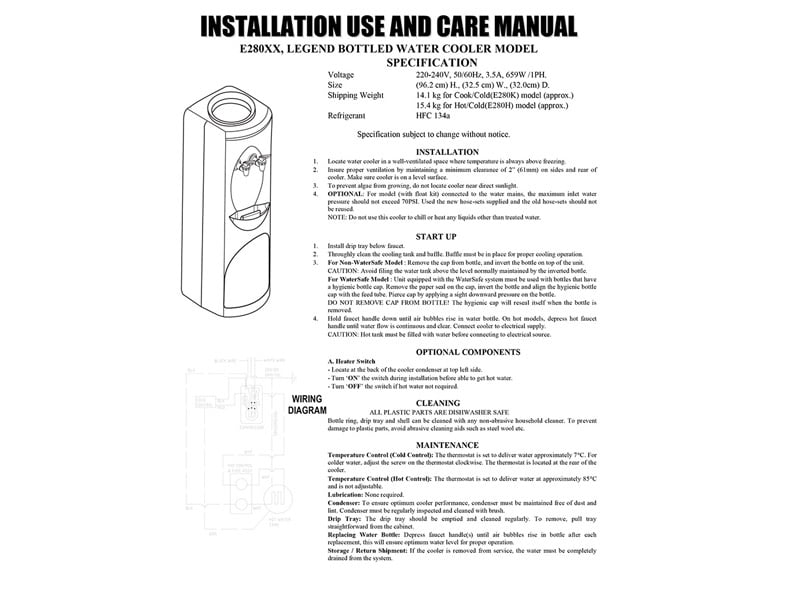 E280XX, Legend Bottled Water Cooler Model Angel Water System Technology